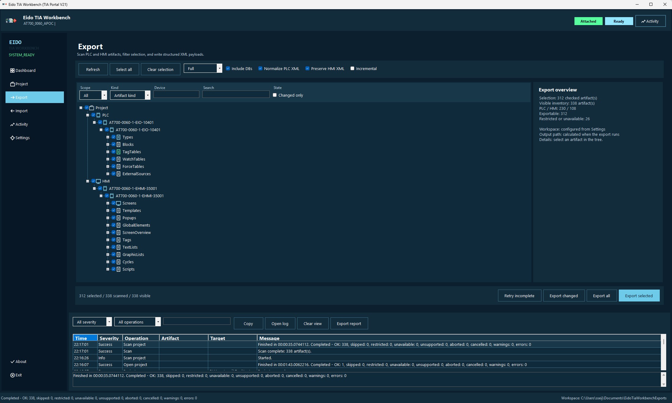 Eido TIA Workbench export view with selected PLC and HMI artifacts